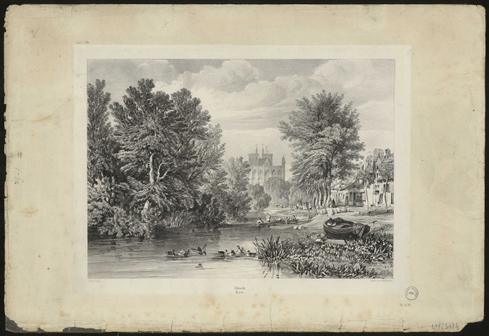 Abbeville : vue de l'église et de barques sur la Somme