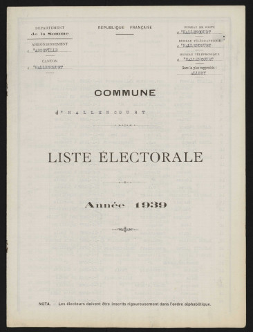 Liste électorale : Hallencourt (Hocquincourt)