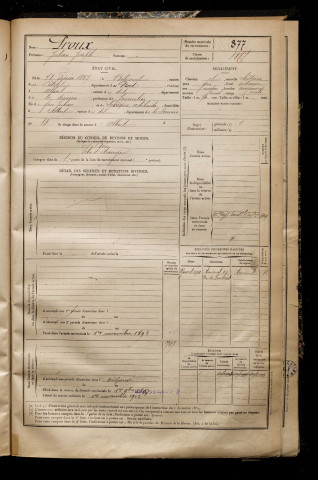 Proux, Julien Joseph, né le 18 février 1857 à Bellicourt (Aisne), classe 1892, matricule n° 877, Bureau de recrutement de Péronne