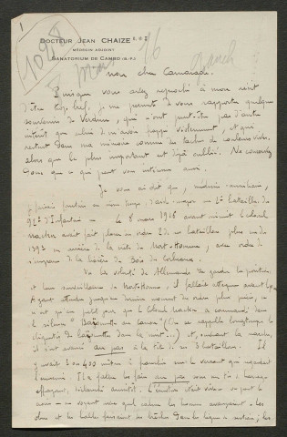 Témoignage de Chaize, Jean (Docteur - Médecin auxiliaire) et correspondance avec Jacques Péricard
