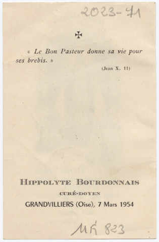 Année mariale, 8 décembre 1953-1954. Hippolyte Bourdonnais, curé-doyen, Granvilliers (Oise), 7 mars 1954