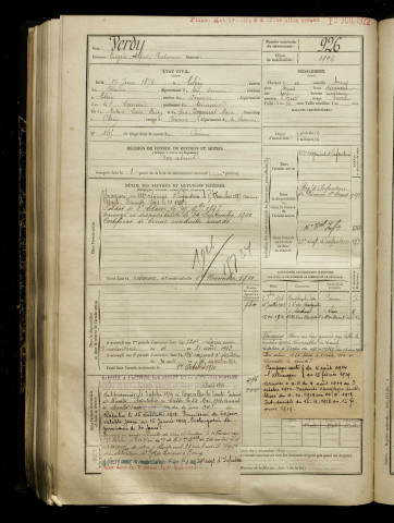 Verdy, Eugène Alfred Clodomir, né le 17 juin 1876 à Cléry-sur-Somme (Somme), classe 1896, matricule n° 926, Bureau de recrutement de Péronne