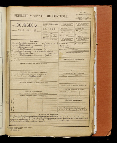 Bourgeois, Vital Thimothé, né le 24 mars 1897 à Wiry-au-Mont (Somme), classe 1917, matricule n° 447, Bureau de recrutement d'Abbeville