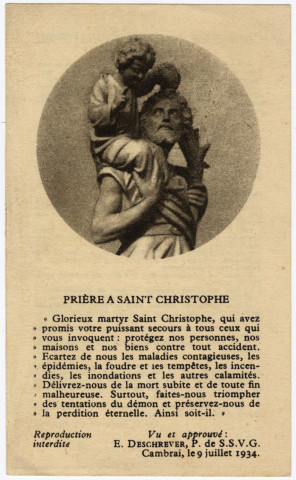 Prière à Saint Christophe, 9 juillet 1934. Confrérie de Saint Christophe
