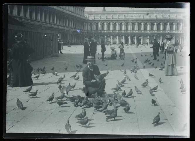 [Venise : touristes et badauds parmi les pigeons sur la place Saint-Marc (Piazza San Marco)]