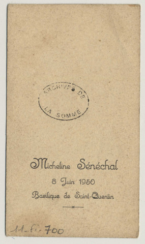 Souvenir de première communion. Image de communion de Micheline Sénéchal en la basilique de Saint-Quentin, le 8 juin 1950