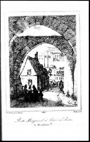 a125. - Gravures extraites de l'ouvrage "Une Petite ville de Picardie, Montdidier", par Paul Blériot (1947-1954) : la porte Becquerelle et le Palais de justice