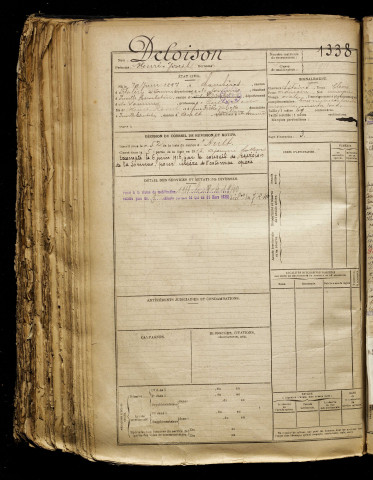 Deloison, Henri Joseph, né le 19 juin 1897 à Lanchères (Somme), classe 1917, matricule n° 1338, Bureau de recrutement d'Abbeville