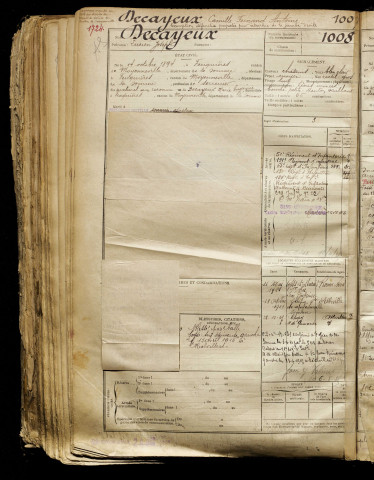 Decayeux, Lucien Joseph, né le 14 octobre 1894 à Feuquières-en-Vimeu (Somme), classe 1914, matricule n° 1008, Bureau de recrutement d'Abbeville