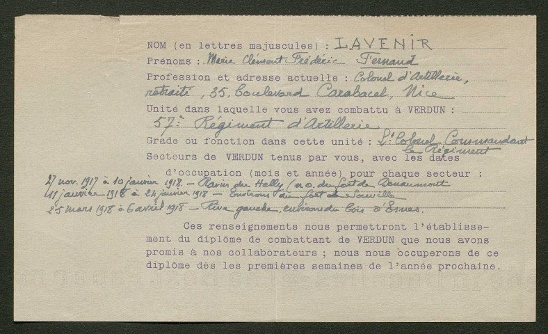 Témoignage de Lavenir, Marie Clément Frédéric Fernand (Lieutenant Colonel) et correspondance avec Jacques Péricard