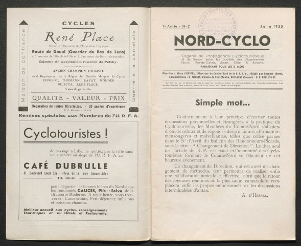 Nord-Cyclo. Organe de Propagande Cyclotouristique et de liaison entre les Sociétés des Départements du Nord, du Pas-de-Calais et de la Somme, numéro 2
