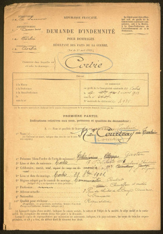 Corbie. Demande d'indemnisation des dommages de guerre : dossier Courtray-Turbin