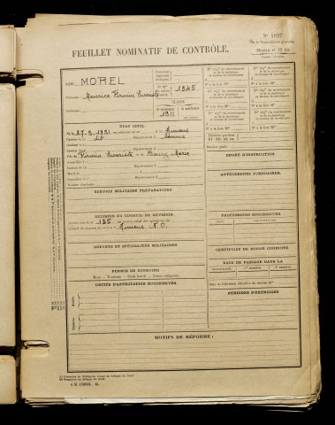 Morel, Maurice Firmin Evariste, né le 27 septembre 1891 à Amiens (Somme), classe 1911, matricule n° 1345, Bureau de recrutement d'Amiens