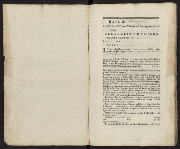 Contrôle des actes du bureau d'Andainville pour la période du 4 janvier 1752 au 19 novembre 1753