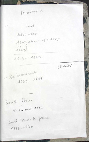 Etudes de Me Leviel, Me Debeaumont, Me Pierre Sorel et Me Pierre Sorel « le jeune ». Répertoire pour la période 1650-1730