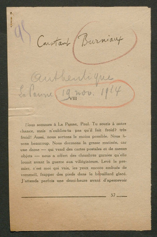 Témoignage de Burniaux, Constant (Brancardier) et correspondance avec Jacques Péricard