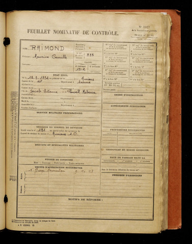 Raimond, Maurice Camille, né le 13 mars 1892 à Amiens (Somme), classe 1912, matricule n° 883, Bureau de recrutement d'Amiens