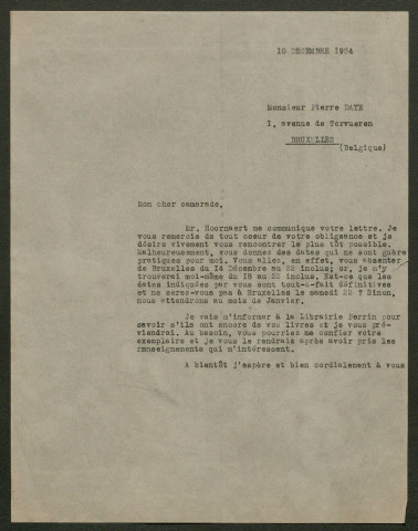 Témoignage de Daye, Pierre et correspondance avec Jacques Péricard