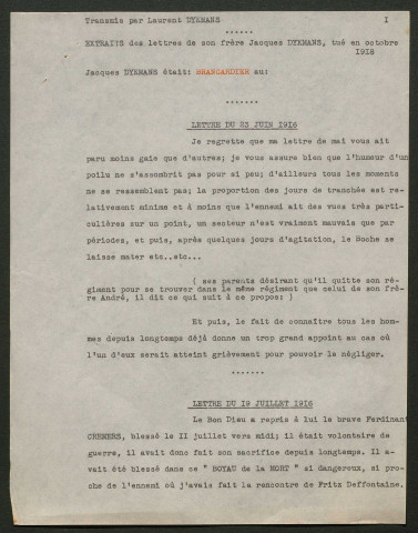 Témoignage de Dykmans, Jacques (Aumônier Brancardier) et correspondance avec Jacques Péricard