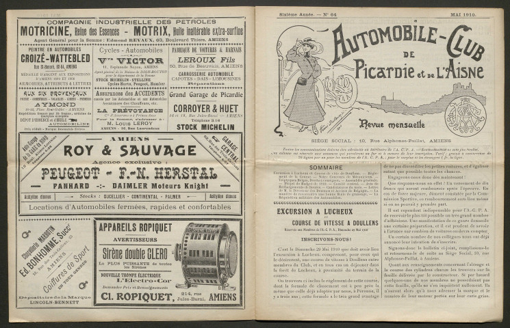 Automobile-club de Picardie et de l'Aisne. Revue mensuelle, 6e année, mai 1910