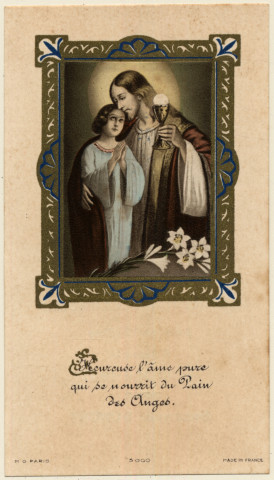 Le Christ donnant la communion à un enfant. Souvenir de communion solennelle de Suzanne Duboste faite en l'église d'Aumale le 23 mai 1937