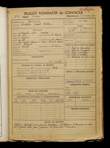 Paulus, Rodolphe Joseph Antoine, né le 29 décembre 1897 à Amiens (Somme), classe 1917, matricule n° 45, Bureau de recrutement d'Amiens