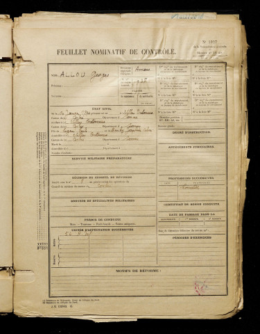 Allou, Georges, né le 10 janvier 1890 à Villers-Bretonneux (Somme), classe 1910, matricule n° 938, Bureau de recrutement d'Amiens