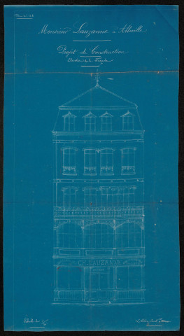 Propriété de Monsieur Charles Lauzanne à Abbeville. Projet de reconstruction d'un bâtiment : commerce de quincaillerie - chaudronnerie surmonté d'un logement d'habitation. Élévation de la façade, plan n° 128