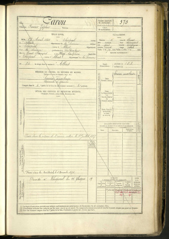 Caron, Omer Zéphir, né le 28 avril 1861 à Thiepval (Somme, France), classe 1881, matricule n° 375, Bureau de recrutement Péronne