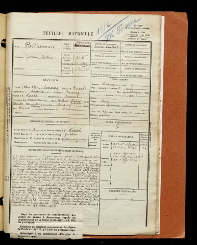 Béthermin, Gustave Arthur, né le 07 mai 1892 à Ronssoy (Somme), classe 1912, matricule n° 996, Bureau de recrutement de Péronne