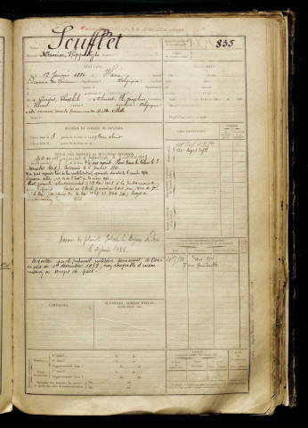 Soufflet, Maurice Hippolyte, né le 12 janvier 1886 à Mons (Belgique), classe 1908, matricule n° 835, Bureau de recrutement de Péronne