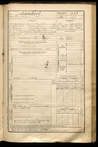 Lambert, Henri Eugène, né le 29 janvier 1853 à Ravenel (Oise), classe 1894, matricule n° 375, Bureau de recrutement de Péronne