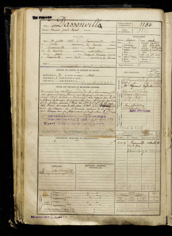 Dassonville, Edmond Joseph Pascal, né le 30 juillet 1896 à Fressenneville (Somme), classe 1916, matricule n° 1134, Bureau de recrutement d'Abbeville