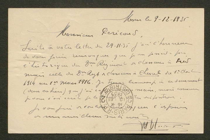 Témoignage de Briquet (Colonel) et correspondance avec Jacques Péricard