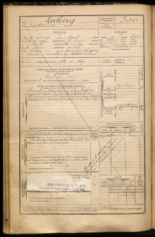 Leclercq, Joseph Théotime Jules, né le 26 avril 1867 à Rouvrel (Somme), classe 1887, matricule n° 306, Bureau de recrutement de Péronne