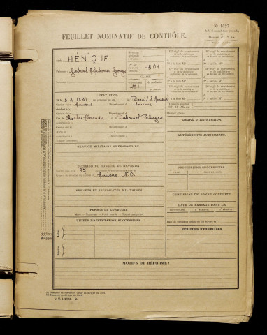Hénique, Gabriel Alphonse Georges, né le 03 février 1891 à Dreuil-lès-Amiens (Somme), classe 1911, matricule n° 1301, Bureau de recrutement d'Amiens