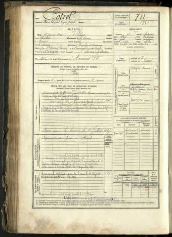 Cotrel, Marie Théophile Eugène Josephe, né le 17 janvier 1861 à Lihons (Somme, France), classe 1881, matricule n° 711, Bureau de recrutement d'Amiens
