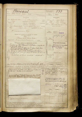 Boucaut, Alfred Léopold Gustave, né le 11 janvier 1881 à Armancourt (Somme), classe 1901, matricule n° 233, Bureau de recrutement de Péronne