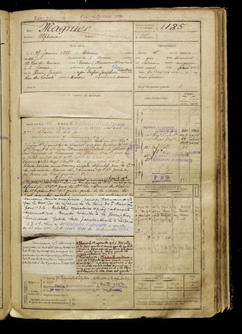 Magnier, Alphonse, né le 25 janvier 1887 à Amiens (Somme), classe 1907, matricule n° 1185, Bureau de recrutement d'Amiens