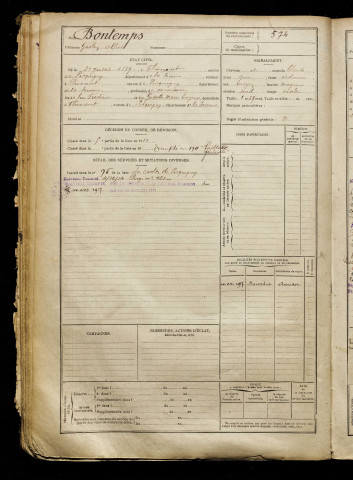 Bontemps, Gaston Alfred, né le 22 juillet 1889 à Flixecourt (Somme), classe 1909, matricule n° 574, Bureau de recrutement d'Amiens