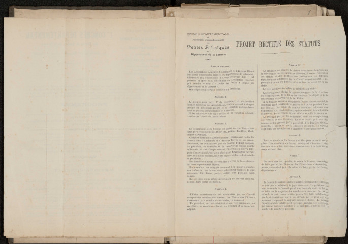 Statuts. Statuts rectifiés de l'Union départementale et de la Fédération d'arrondissement des Petites A. Laïques de la Somme. Procès verbaux. Comptes-rendus financiers. Assemblée générale