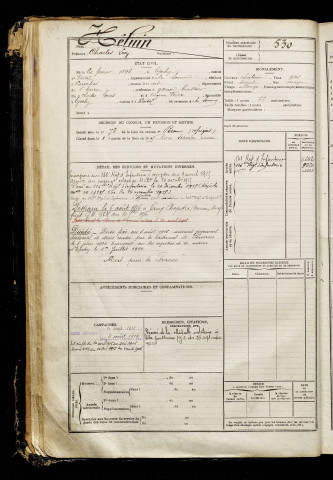 Héluin, Charles Léon, né le 20 février 1896 à Épehy (Somme), classe 1916, matricule n° 530, Bureau de recrutement de Péronne
