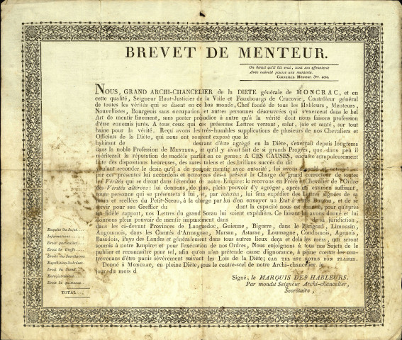 Brevet de menteur signé du "Marquis des Hableurs"