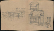Buffet avec miroir intégré, une chaise, un ensemble table et six chaises de l'Hôtel Bouctot-Vagniez
