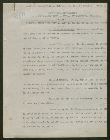 Témoignage de Bonfils, Adrien et correspondance avec Jacques Péricard