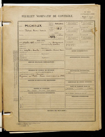 Michaux, Julien Remi Louis, né le 01 octobre 1885 à Bergicourt (Somme), classe 1905, matricule n° 107, Bureau de recrutement d'Amiens