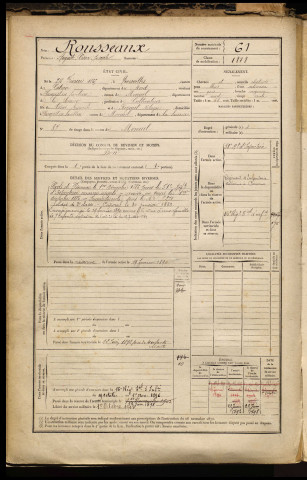 Rousseaux, Auguste César Joseph, né le 24 février 1865 à Troisvilles (Nord), classe 1885, matricule n° 61, Bureau de recrutement de Péronne