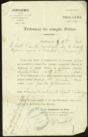 Convocation du tribunal de simple police de Camille Levert, domestique d'Alphonse Bray, meunier au moulin d'Occoches, pour abandon de voiture et défaut d'éclairage