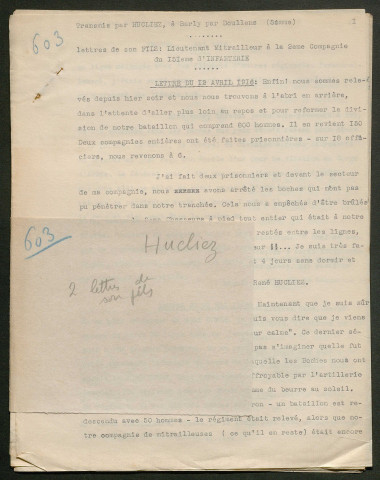 Témoignage de Hucliez, René (Lieutenant) et correspondance avec Jacques Péricard