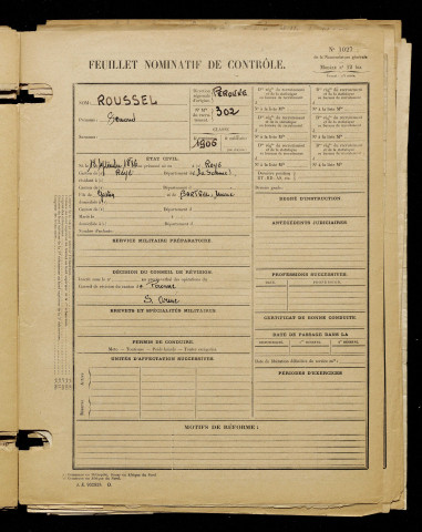 Roussel, Fernand, né le 18 septembre 1886 à Roye (Somme), classe 1906, matricule n° 302, Bureau de recrutement de Péronne
